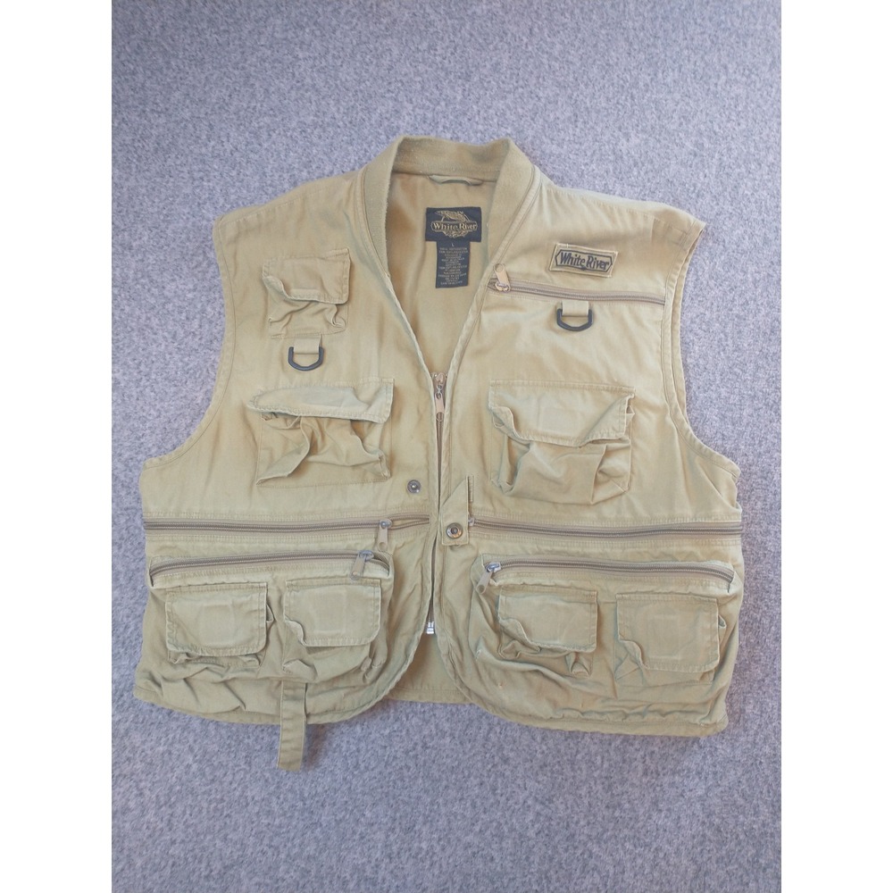 White River Fly Shop Mens Khaki Tan Multi Pocket Fishing Utility Vest Large L